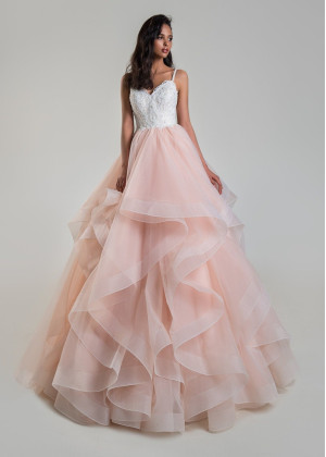 Beaded Ivory Lace Pink Chiffon Ruffle Wedding Dress